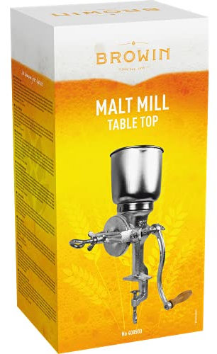 Browin 408500 Molinillo de chatarra manual de 1 kg, molinillo de grano manual con tolva alta para moler malta en cerveza, harina a pan, maíz y guisantes plata