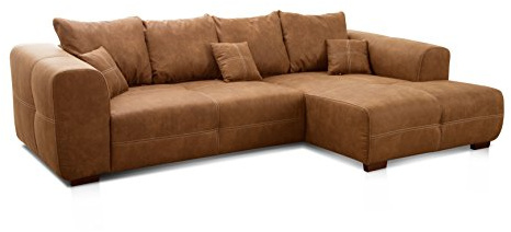 Cavadore Ecksofa Mavericco / XXL Eckcouch Inkl. Rückenkissen und Zierkissen / Longchair rechts / Industrial Style / 285 x 69 x 170 (BxHxT) / Mikrofaser Cognac