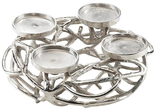 Kobolo Dekokranz aus silbernem Metall für 4 Stumpenkerzen,stilvoller Kerzenhalter Ø 7,5 cm, handgefertigt, ideal als Adventskranz oder ganzjährige Tischdeko im modernen Landhausstil