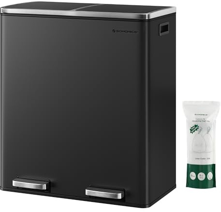 SONGMICS Trash Can, 2 x 8 Gallon (2 x 30 L) Garbage Can for Kitchen, with 15 Trash Bags, 2 Compartments, Plastic Inner Buckets and Hinged Lids, Airtight, Black ULTB60BK