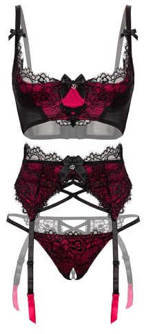 Lovehoney Lingerie Women's Black Boudoir Belle Cherry Quarter Cup Bra Set - With Suspender Belt & G String - Large: 14-16
