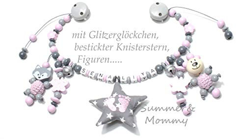Kinderwagenkette mit Namen Mädchen rosa grau Teddy Knisterstern