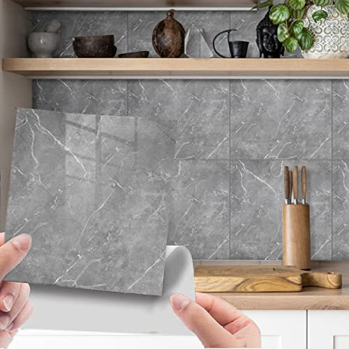 Fantasnight Marble Stick on Tiles 30 x 30cm 10Pcs, Grey Tile Stickers Self Adhesive Wall Tiles, PET Peel and Stick Wall Glossy Stickers for Kitchen Bathroom