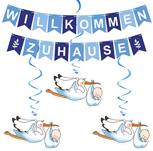 Willkommen Zuhause Baby, Vormontiert Herzlich Willkommen Girlande, mit 6 Stück Storch zur Geburt, Babyparty Deko Junge, Willkommen Zuhause Girlande, Welcome Home Baby