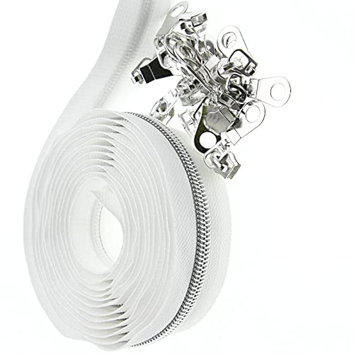 #5 Nylonspulen Reißverschlüsse 9m Endlos Reißverschluss Meterware Weiße Klebeband Silberne Zähne mit 25 PCS Reißverschluss Sliders für Nähen YIGUANXIN | Metallisches Reißverschlussband mit 25 Schiebern für Heimwerker, Nähen, Basteltaschen (weiß/silber)