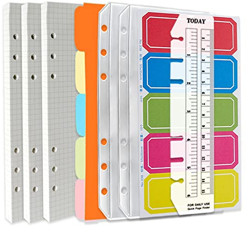 DY.2ten A6 6-Loch-Notizbuch-Nachfüll-Set - 135 Blatt kariertes Papier + 2 Reißverschluss-Bindertaschen + 5 Trennblätter + Register + Lineal