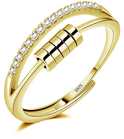 Zolkamery Silver Anxiety Rings, 925 Sterling Silver Anxiety Fidget Ring, Gold Anti Stress Ring for Women, Adjustable Open Worry Beads Rings, Stress Relaxing Jewellery Gifts for Men Girls with Box