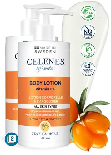 Celenes by Sweden Argousier-Vitamine C Lotion Creme Corps Lot 2x200ml, Creme Corps Hydratante &Protection, Creme Hydratante Corps Tous Type Peau, Lotion Lait Corps Hydratant Sans Parabèn/Parfum/Alcool