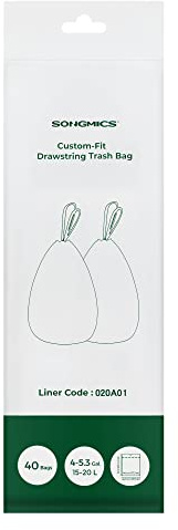 SONGMICS Drawstring Bin Bags, 20L, 2 Rolls, 40 Pieces | Heavy-Duty Rubbish Bags, Pre-Separated, Quick-Dispense Box, Liner Code R, White, LEOS Collection KRB020A01
