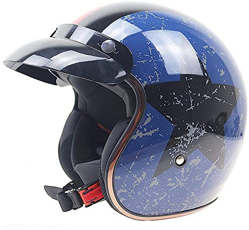 DXDRT Open Face Vespa Helm, Vintage Retro 3/4 Half Face Motorradhelm mit Sonnenblende, Roller Street Moped ATV UTV Helm für Erwachsene Männer Frauen, DOT ECE Zertifiziert,Blau,XL