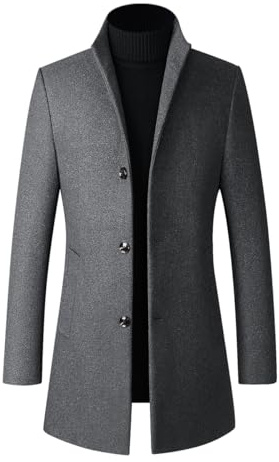 YOUTHUP Mens Wool Coat with Detachable Hood Slim Fit Mid Length Overcoat