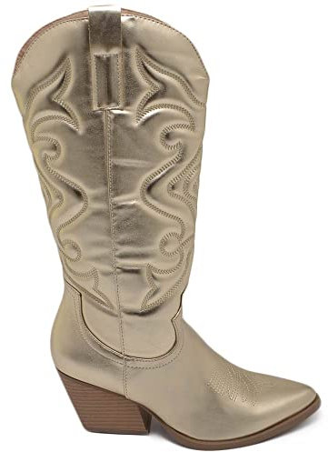Stivali Donna camperos Texani Stile Western Dettagli Laser Oro Perlato Tacco Western 7 cm con Zip Laterale (39 EU)