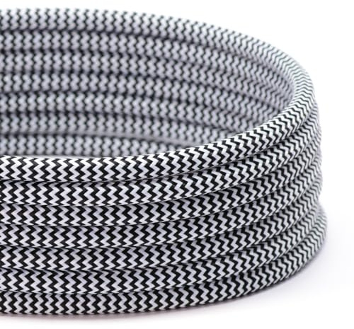 TheCable.Store 3 Core Round Black & White - Zig Zag Flex Cable 0.75mm Vintage Fabric Braided (3 Metres)