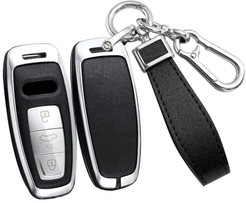 ontto Alloy Car Key Case Fit for Audi A3 A4 B9 A6 C8 A7 S7 4K A8 D5 S8 Q7 Q8 SQ8 E-tron 2019-2023 Keyless Entry Smart Leather Key Holder Keyring Keychain Accessories Silver-black