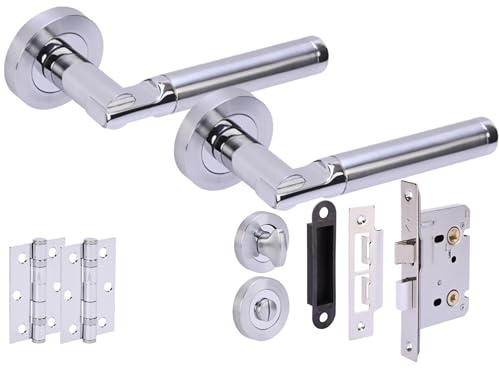 Hunta HANDLEZONE® Lacerta Premium Door Handles on Rose Bathroom Lock Pack with 75mm Ball Bearing Hinges and 76mm Lock - Dual Polished/Satin Chrome