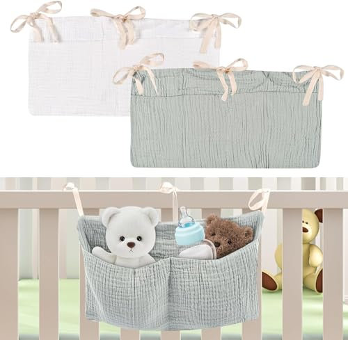 Forhome Babybett Organizer, 2 Pieces Babybett Organizer Hängend, Organizer Beistellbett Baby, Organizer Beistellbett Musselin, Nestchen Babybett Umrandung, 2 Colours for Nappies, Toys, Clothes