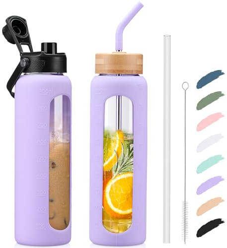 Kodrine 32oz Glass Water Bottle with Straw, Glass Drinking Bottle with 2 lids-Bamboo and Spout Lid, Leakproof Daily Water Intake Bottle with Time Marker for Home,Outdoor Sports, BPA free, Purple