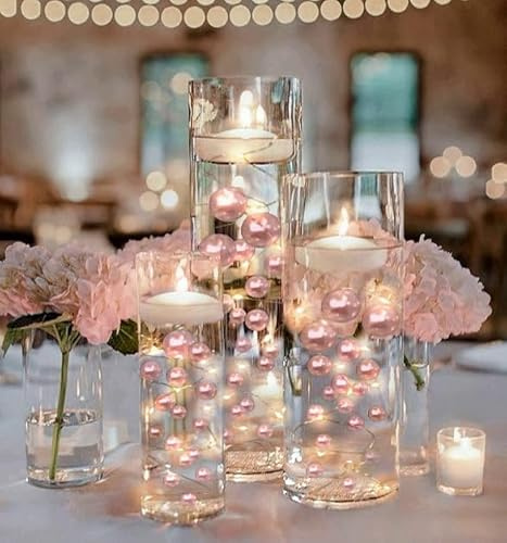 200 Floating Light Pink Pearls with Pink Sparkling Gems- Large Sizes- 12 Warm White Submersible Fairy Lights Strings Hidable Submersible Batteries- 4 Gallons of Transparent Water Gels for Vases