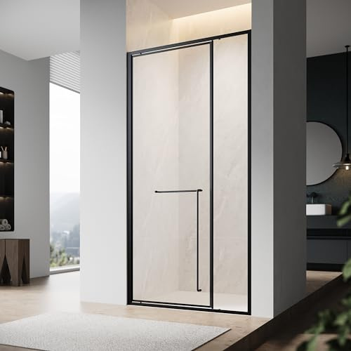 SONNI Pivot-Duschtür aus 6 mm ESG-Glas, Schwarz, 100 × 195 cm, Drehachsen | Pendeltür mit Hebe-Senk-Pivot, nach außen öffnend, Edelstahlgriff mit Handtuchhalter, beidseitig montierbar