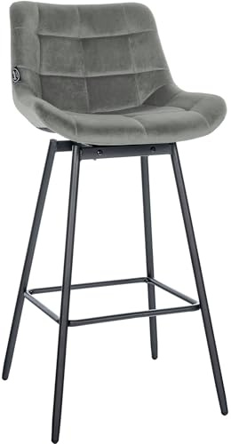 CLP Barhocker mit Lehne Weston, Barstuhl drehbar 180° Schwenkfunktion, Sitz gepolstert, Metallgestell stabil | Farbe grau Material Samt