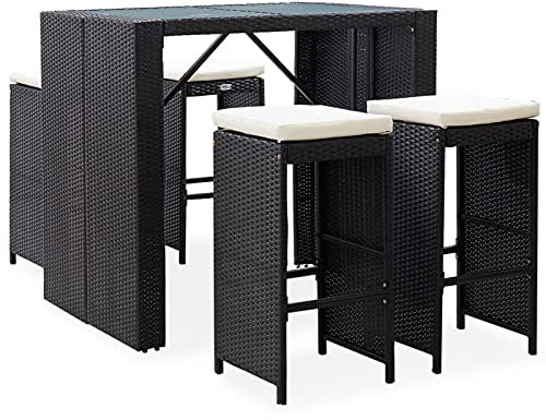 ShCuShan 5-TLG. Garten-Bar-Set Poly Outdoor BalkonstüHle Bartisch FüR Zu Hause Outdoor Tisch Und StüHle Set Bar MöBel Rattan und Glas Schwarz