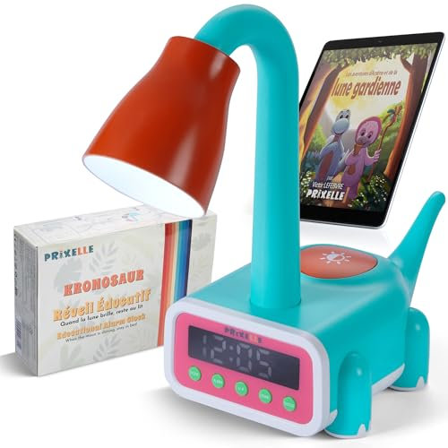 PRIXELLE Kronosaur Reveil Enfant Dinosaure 3 en 1 avec Lampe Douce de Chevet et Lune Gardienne, L’Objet Design Qui Transforme la Chambre et Apaise Le Sommeil