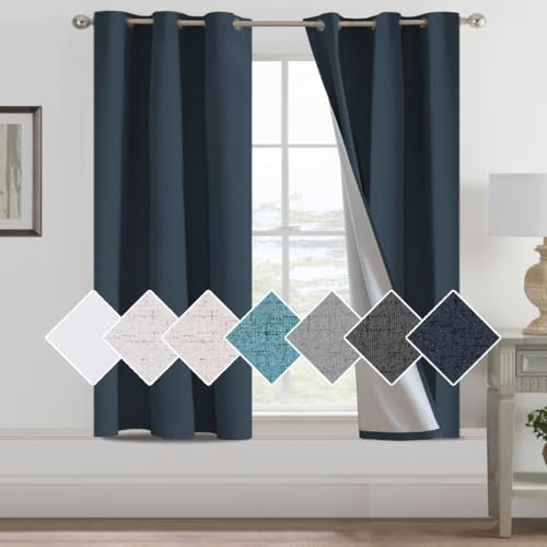 H.Versailtex 100% Faux Linen Blackout Curtains for Living Room, Eyelet Thermal Insulated Linen Textured Curtains Anti-Rust Grommet Bedroom Curtains, W46 x L54 Inch 2 Panels Set, Navy