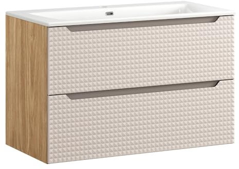 Lomadox Badezimmer Waschtisch 90 cm breit in Eiche mit beige, grifflose 3D-Front, 2 Schubladen