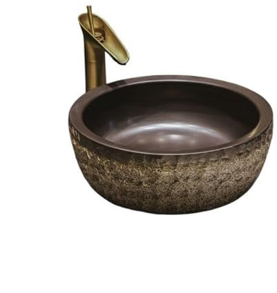 Lavabo Salle de Bain Lavabo à main en céramique à motif de pierre ronde, lavabo Antique de salle de bains de balcon, lavabo d'approfondissement avec accessoires Vasque à poser