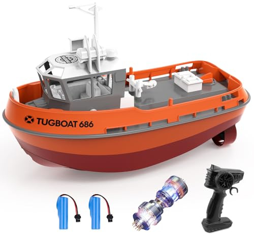 tech rc 1:72 Ferngesteuretes Boot mit 2 Akku(3.7V 600mAh) | 2.4Ghz Rc Boot 10km/h 40Mins Laufzeit, Tugboat mit dekorativen Teilen für Kinder für Schwimmbäder und Seen (Orange)