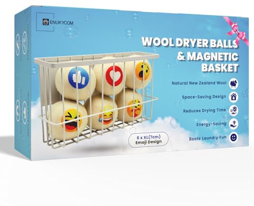 Magnetic Dryer Ball Holder & Wool Dryer Balls from New Zealand Wool- Laundry Dryer Balls Storage Containers: Easy Install Without Tools, Magnetic Basket for Dryer Balls (6pcs Emoji Wool Balls Dryer)