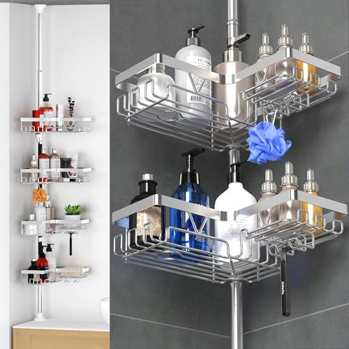 Daoun Rustproof Corner Shower Caddy Tension Pole, 4-Tier Adjustable Shower Tension Rod Organizer for Bathtub/Bathroom, No Drilling Standing Rack Corner, Silver
