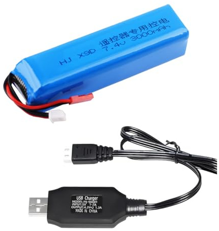 Yangers 7,4 V 3000 mAh 2S Lipo RC Akku Ersatzakkus Pack JST Stecker Stecker mit USB-Ladegerät Set für Frsky Taranis X9D Plus Flysky Transmitter Fernbedienung FPV-Empfänger Goggle Airsoft Toys Drohne