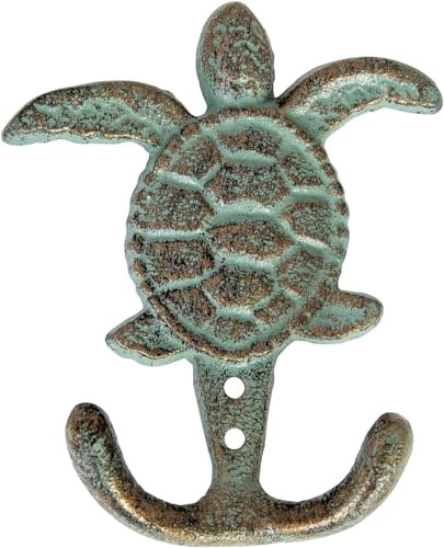 Wlayu Cast Iron Sea Turtle Double Coat Hook Bronze with Green Verdigris,Decorative Wall Hooks Gift(1)