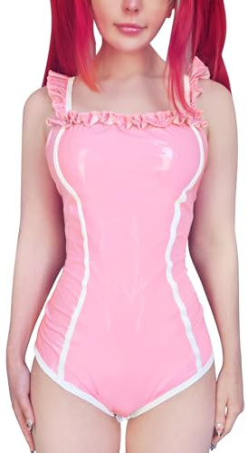 Littleforbig Sleeveless Adjustable Straps Faux Leather Shiny Onesie Pajamas Bodysuit - Latex-like Babygirl in Training Onesie 2XL
