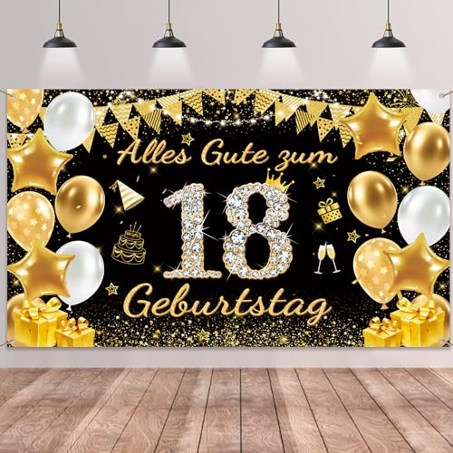 18. Geburtstag Deko Banner Mädchen Jungen - Schwarz Gold Alles Gute zum 18 Geburtstag Hintergrund Banner, Große Geburtstagsbanner für 18 Jahre Geburtstagsdeko 180 x 110cm