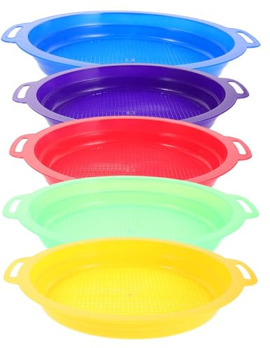 Toyvian 5pcs Beach Sand Sifter Set Portable Sand for Sandbox Backyard Pool Play Mesh Sieve Yellow Green Red Purple Blue for Boys Summer Activities