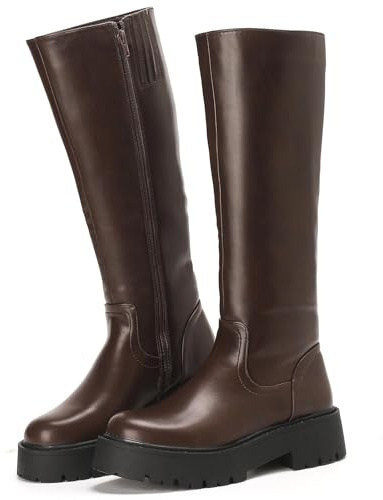 Putu Damen Stiefel Plateau Modische Reitstiefel mit Blockabsatz Profilsohle Leicht Bequem Elegante Hochschaftstiefel 38