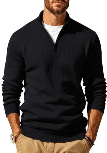 JFAN Hombre Jersey de Punto Cuello Alto con Cremallera Pullover Manga Larga Sueter Cuello Alto Plain Knitted Cálido Invierno Negro XL