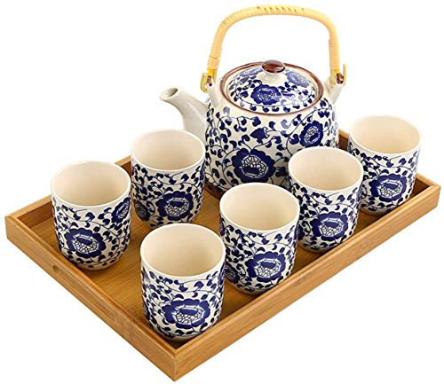 7-teiliges Teeservice, Keramik, chinesische Haushaltsteekanne, Teetasse, blau-weißer Retro-Griff, Topf, Teeservice
