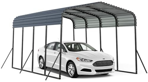 GYMAX Metall Carport Zeltgarage, Überdachung mit verstärkter Basis, festem Dach & 4 schräge Beine, Autogarage Sonnenschutz & Wetterfest, Zeltgarage für Auto 4.4 x 3 m