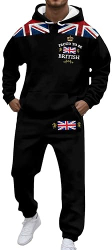 Men's 2 Piece Outfits Union Jack Hoodie Sweatshirt Tracksuit & Joggers Sweatpants England British Flag Print Sweatsuit Set for Men UK