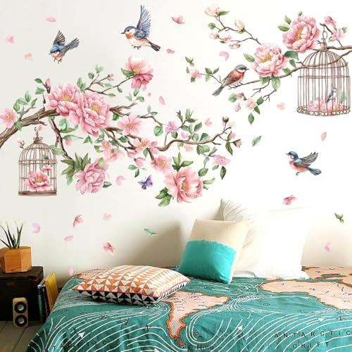 AMIGO Wandtattoo Mittelgroß XL Kirschblüte Grün Baum Ast Wandaufkleber Hängende Blumen Blüten Vögel auf Baum Wandsticker Schlafzimmer Wohnzimmer Sofa Hintergrund Wanddeko