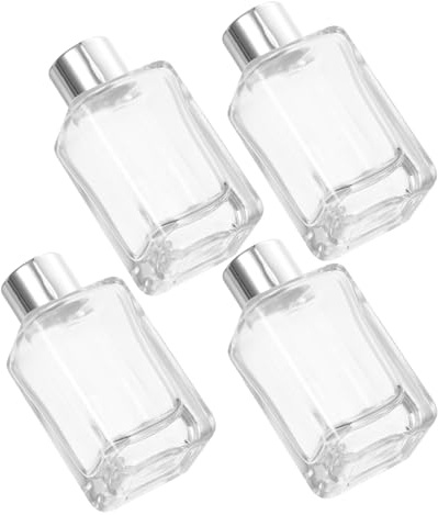 DECORNIJIA 4 piezas Frascos de Vidrio para Difusor de Aceites Esenciales y Perfume Recargables con Tapa Plateada Diseño Clásico Cuadrado para Aromaterapia Coche y Hogar