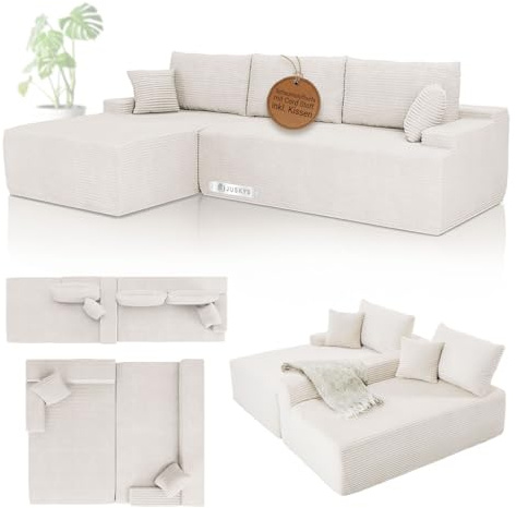 Juskys Sofa Coredo - modernes Cord Sofa mit Ottomane Links, gemütliche Couch mit Schaumstoffpolsterung, Cordbezug & Kissen, modular - Creme