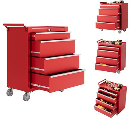 IDEALHOUSE Rolling Tool Chest, 4 Drawers Tool Storage Cabinet, Toolbox with Wheels, Portable Tool Cabinet Organizer with Locking System & Drawer Liners, Tool Storage Cart for Garage, Workshop, Red