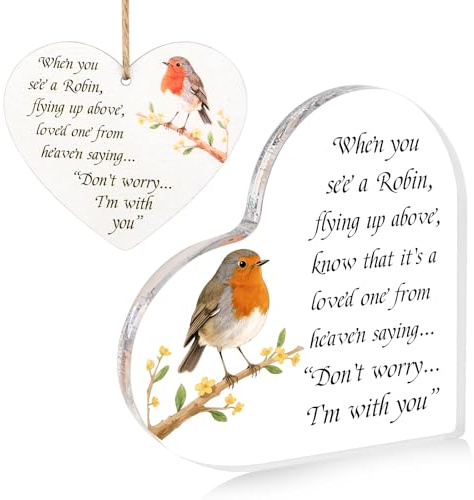 2 Pcs Robin Memorial Gifts Hearted Acrylic Plaque Handmade Wooden Hanging Heart Plaque Sympathy Gift for Loss of Loved One Grave Decorations