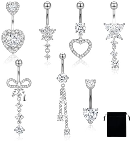 Xqzbmt 7 Pcs Belly Button Bars, Surgical Stainless Steel Belly Bar Dangly 16G Heart Bow Navel Piercing Jewelry for Womens Girls (Silver)