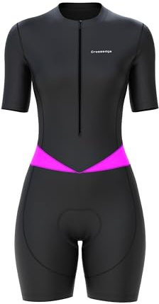 Crossedge Women Cycling Skinsuit Half Sleeve with Mesh Triathlon One Piece Hi-Viz Reflector and Leg Grippers One Back Pocket Ladies Bib Short.