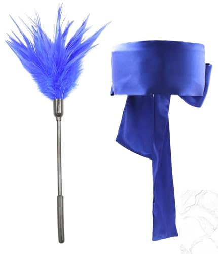 JiXGzAo Ensemble De Jouets Sexuels 2 Pièces, Chatouilleur Plumes Sexy Avec Ruban Bleu, Masque For Les Yeux Bandé, Plume Flirt Amoureuse Bâton Noires, Jouet Sexuel Érotique SM
